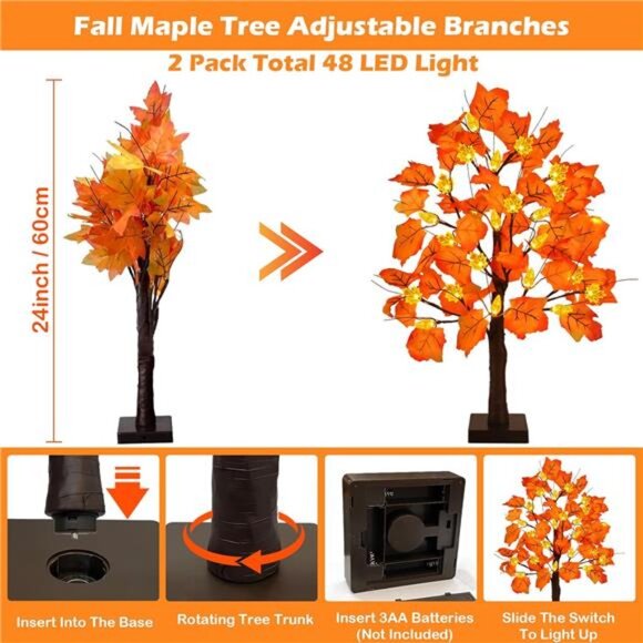 2 Pack 24 Inch Fall Maple Tree Decorations Pre Lit LED Battery Operated Autumn D - Picture 2 of 7